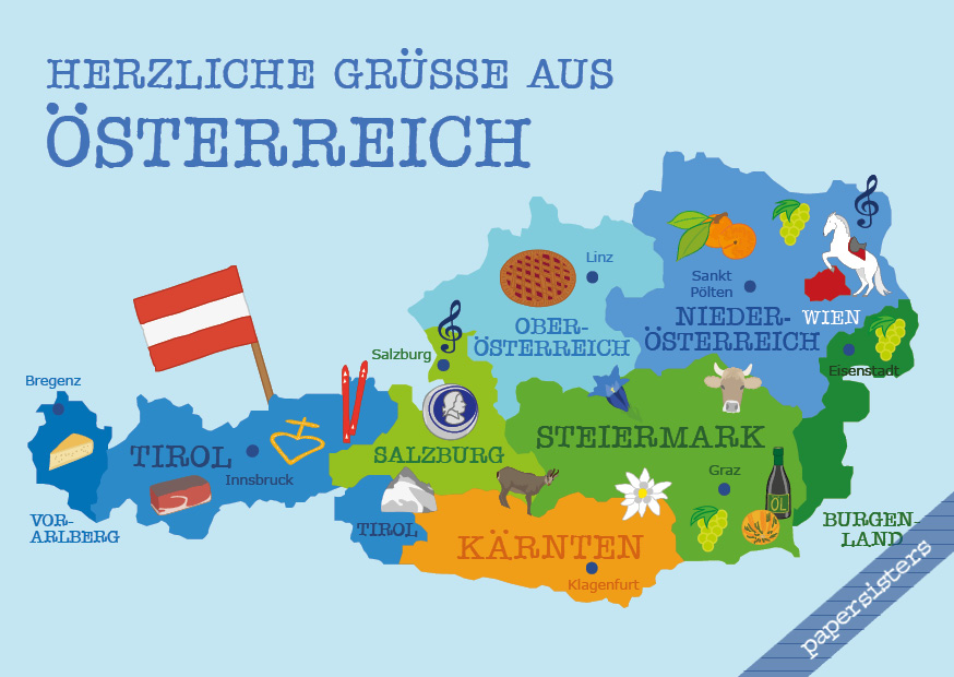papersisters-Postkarte-Buntes-sterreich-Karte-postcard-Austria-Map Buntes Österreich