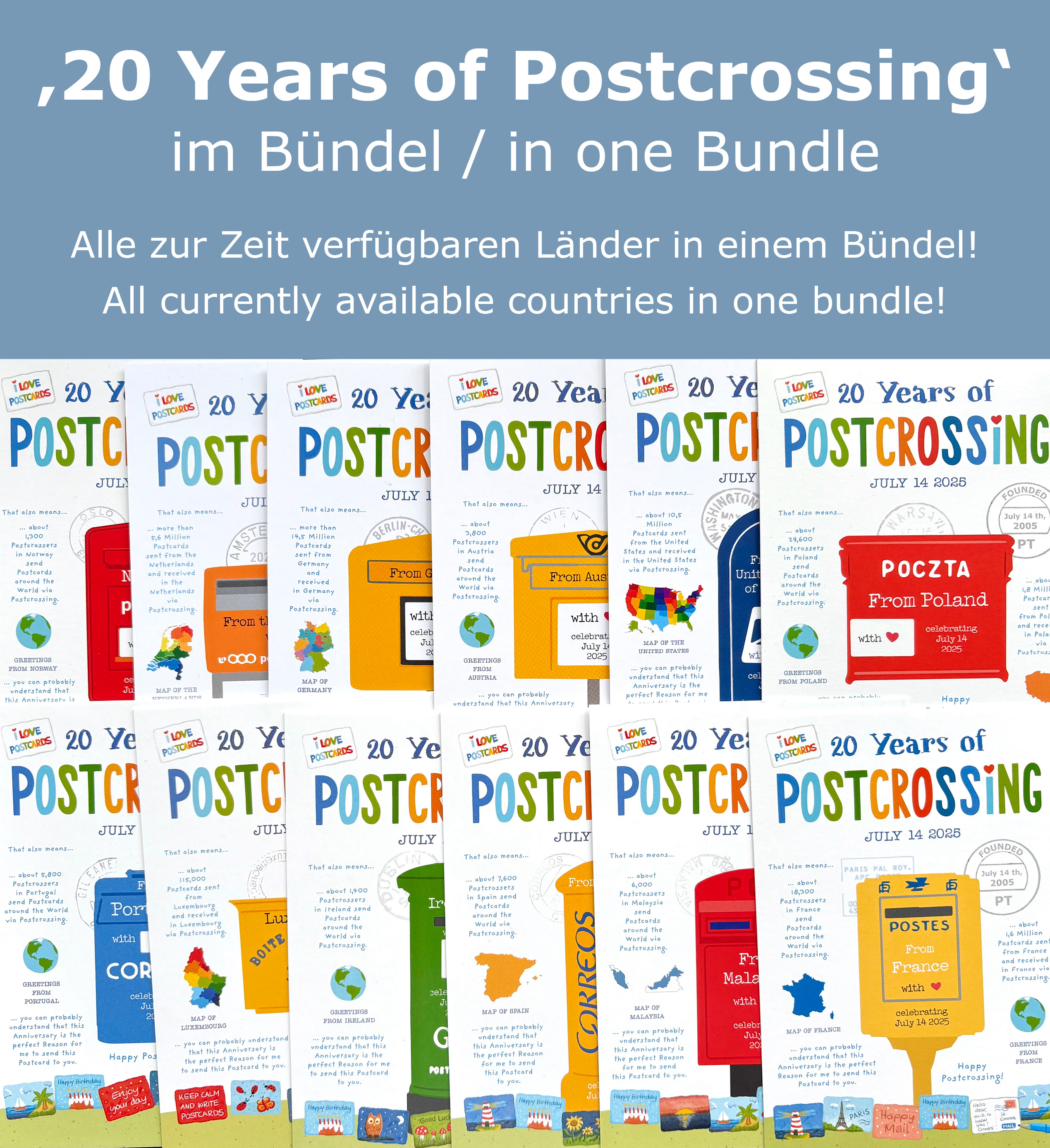 20 Years of Postcrossing - alle 23 verfügbaren Ländervarianten
