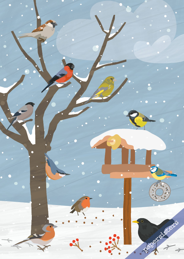 papersisters-Postkarte-V-gel-am-Vogelhaus-Postcard-Birds-in-Snow