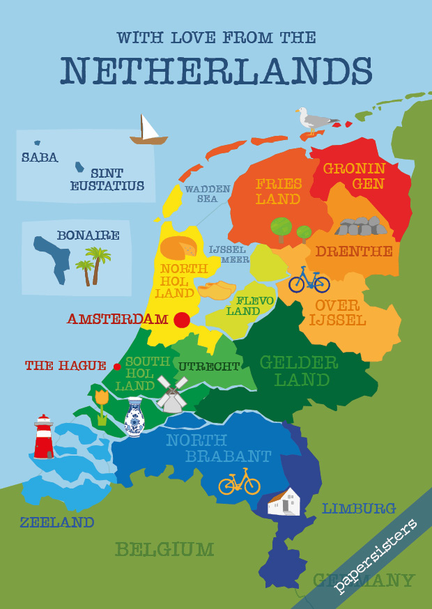 papersisters-Bright-Netherlands-Map-Postcard-Nederlands Bright Netherlands