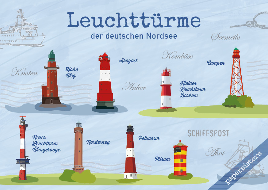 papersisters-Postkarte-Leuchtt-rme-Nordsee-II Leuchttürme Nordsee II